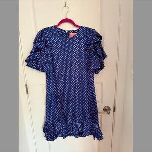 Kate Spade New York Blue Geo Dot Satin Ruffle Sleeve Shift Dress